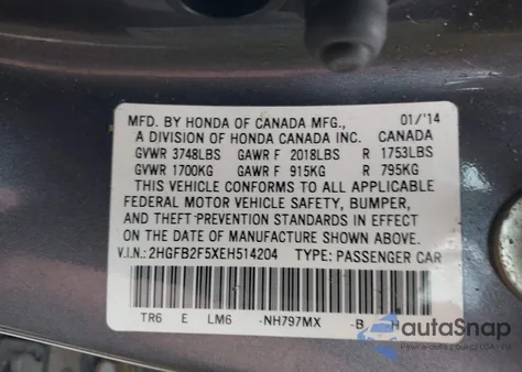 2014 Honda Civic Lx from USA, damaged, VIN 2HGFB2F5XEH514204